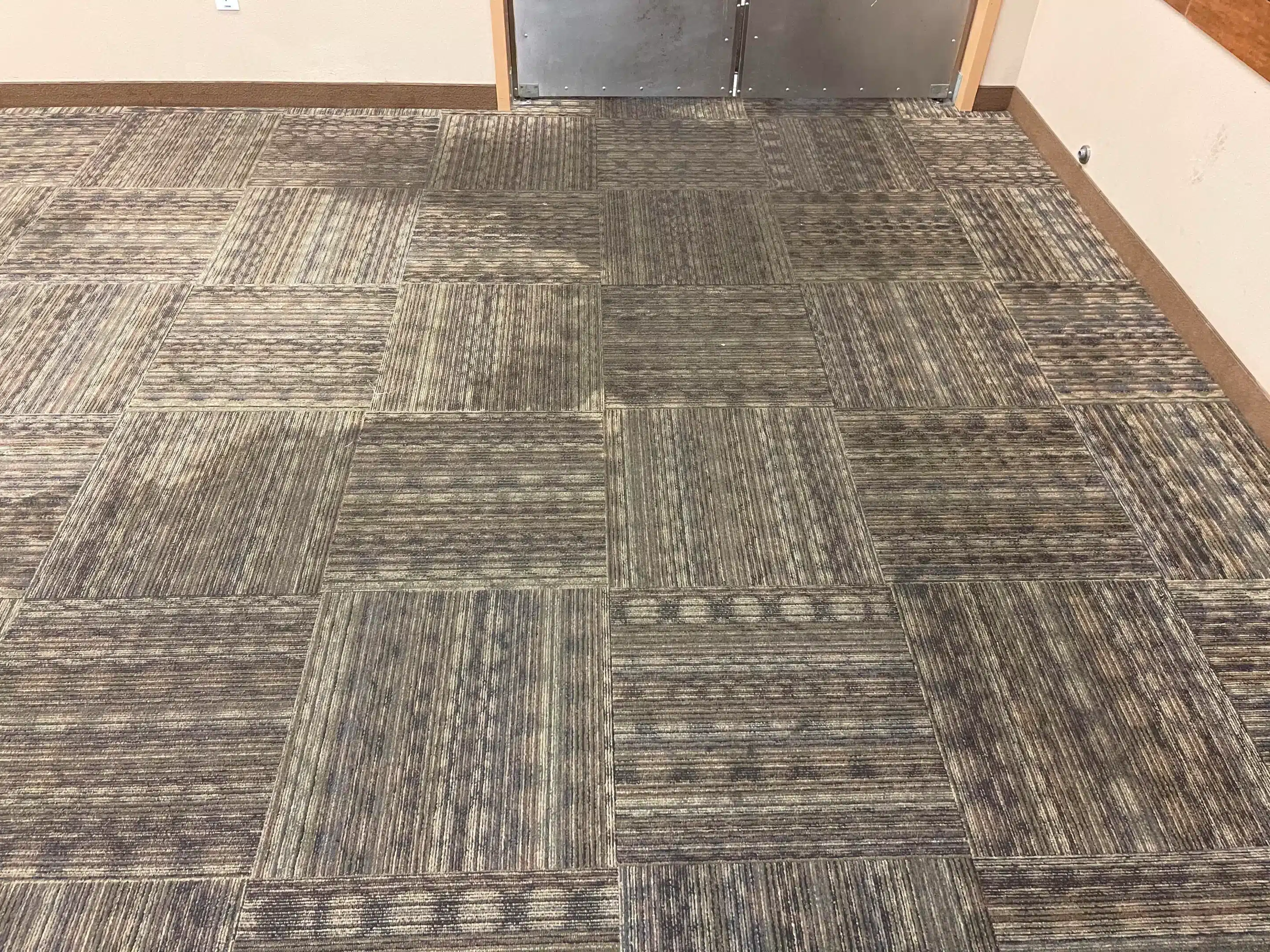 Cleaned commercial carpet with square tiles, showing restored condition after deep cleaning. 