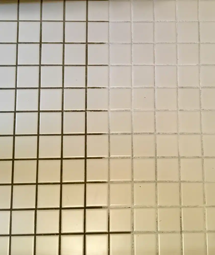 Before and after cleaning a bathroom floor.