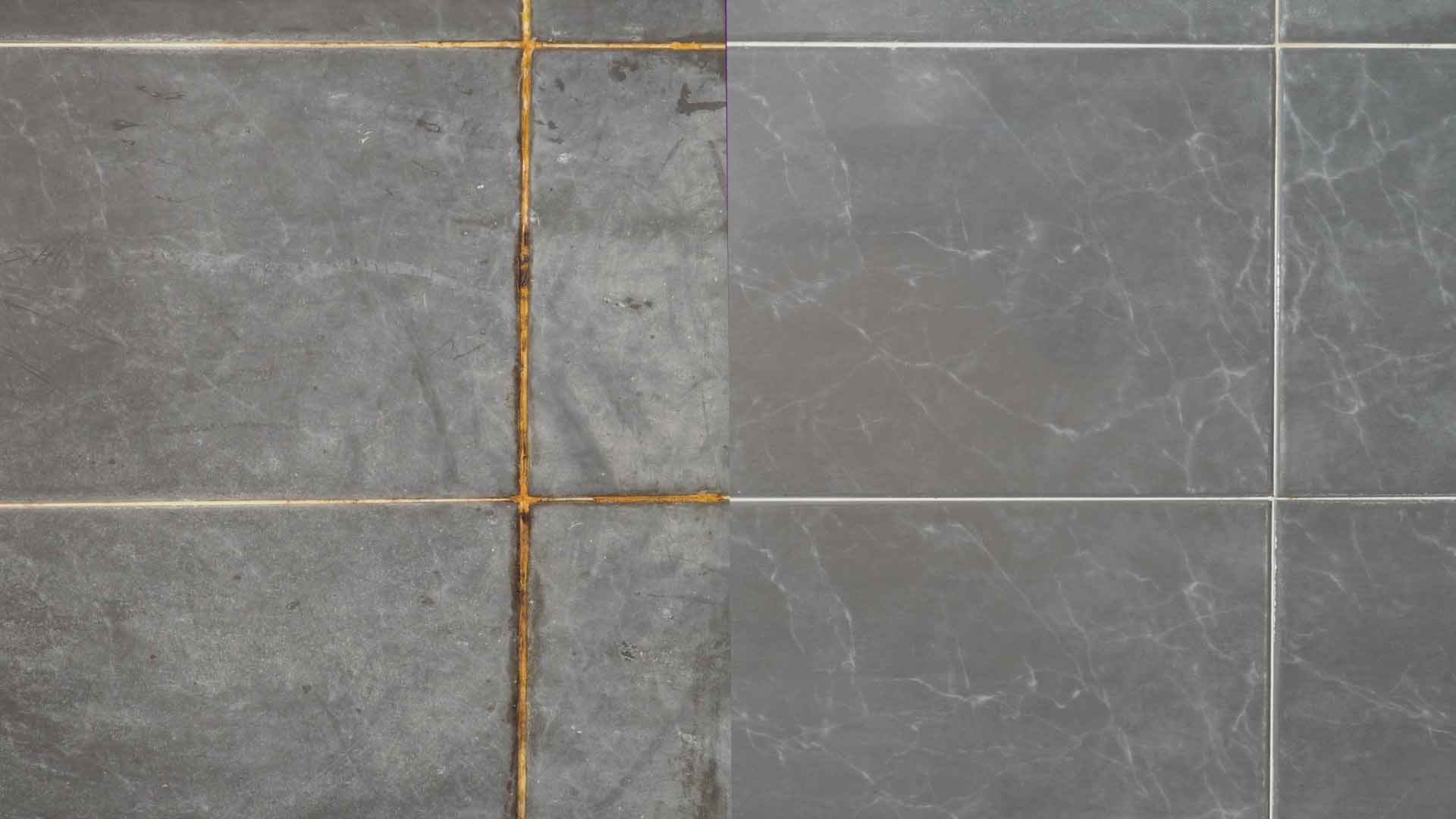 Comparison of bathroom tiles and the grout between them after being professionally cleaned.