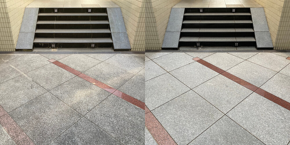 Before and after comparison of an old outdoor natural granite floor that has been cleaned.